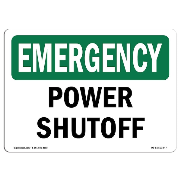 Safety Sign, OSHA EMERGENCY, 3.5" Height, Power Shutoff, Landscape, 10PK